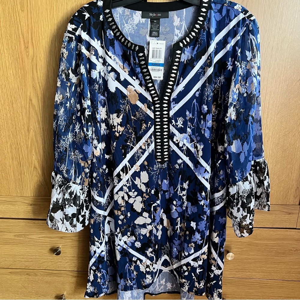 STYLE & CO SILVER EMBELLISHED LONG TUNIC TOP W/ SHEAR BELL SLEEVES BNWT